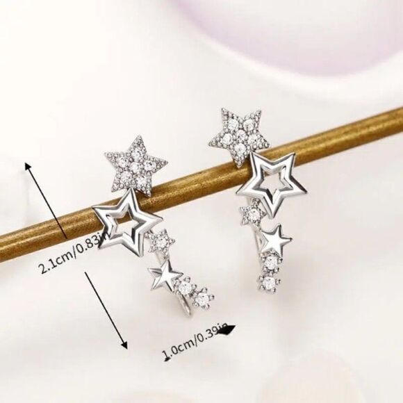 DIAMOND STAR EAR CRAWLER EAR JACKET EAR HUGGER EARRINGS - Picture 4 of 4